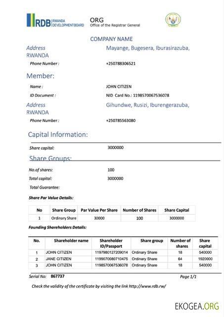 Modèle Word et PDF de certificat d'enregistrement du Rwanda